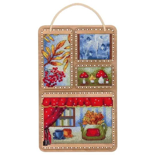 Cross-stich on wooden base "Autumn collage" 26*17 cm SO-126