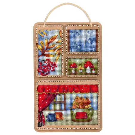 Cross-stich on wooden base "Autumn collage" 26*17 cm SO-126
