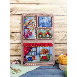 Cross-stich on wooden base "Autumn collage" 26*17 cm SO-126