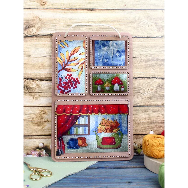 Cross-stich on wooden base "Autumn collage" 26*17 cm SO-126