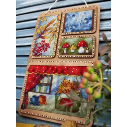 Cross-stich on wooden base "Autumn collage" 26*17 cm SO-126