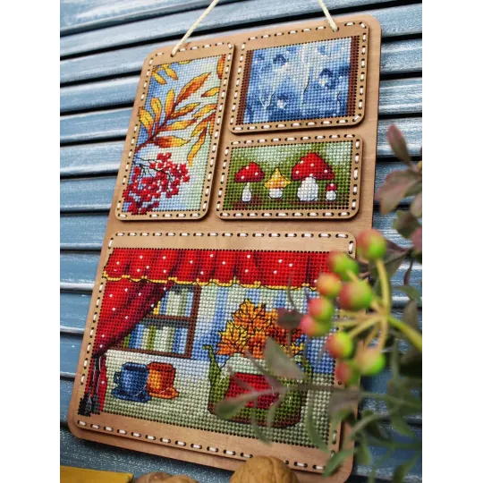 Cross-stich on wooden base "Autumn collage" 26*17 cm SO-126