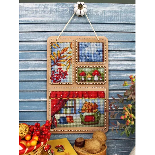 Cross-stich on wooden base "Autumn collage" 26*17 cm SO-126