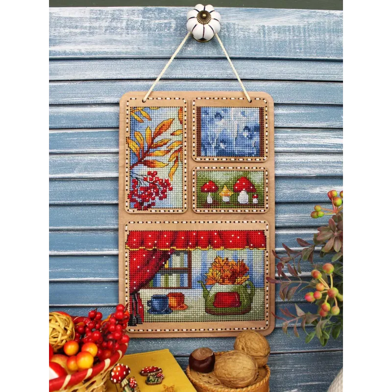 Cross-stich on wooden base "Autumn collage" 26*17 cm SO-126