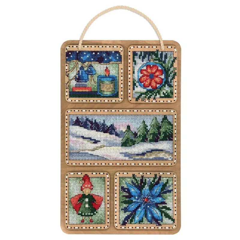 Cross-stich on wooden base "Winter collage" 26*17 cm SO-124