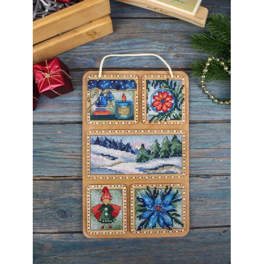 Cross-stich on wooden base "Winter collage" 26*17 cm SO-124