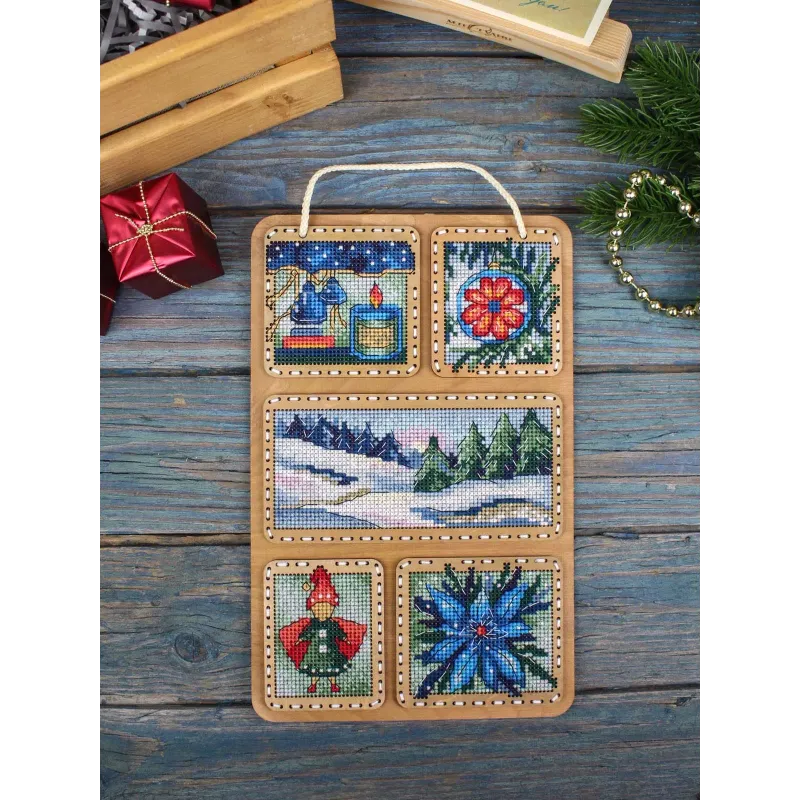 Cross-stich on wooden base "Winter collage" 26*17 cm SO-124