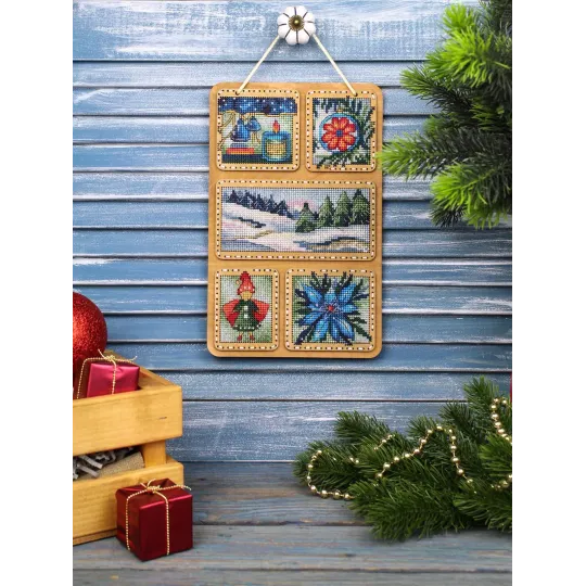 Cross-stich on wooden base "Winter collage" 26*17 cm SO-124