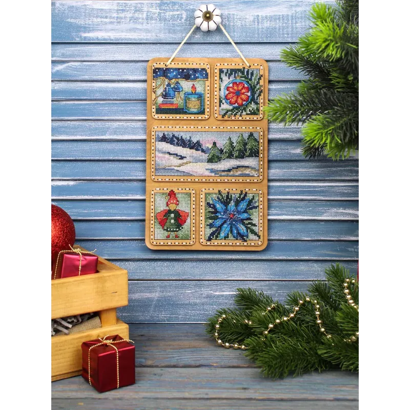 Cross-stich on wooden base "Winter collage" 26*17 cm SO-124