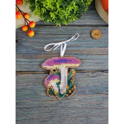 Cross-stich on wooden base"Christmas tree decoration. Russula" 8*7 cm SO-150