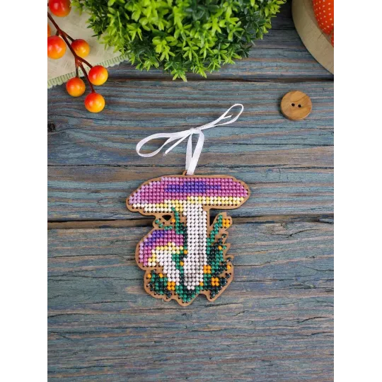 Cross-stich on wooden base"Christmas tree decoration. Russula" 8*7 cm SO-150