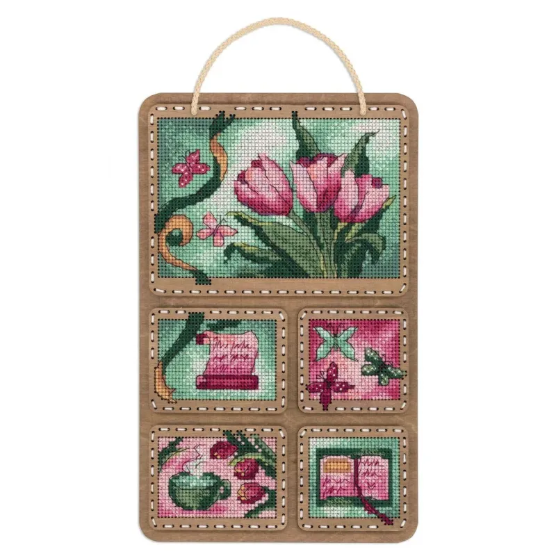 Cross-stich on wooden base "Spring collage" 26*17 cm SO-123