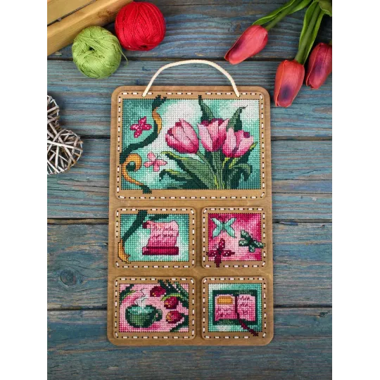 Cross-stich on wooden base "Spring collage" 26*17 cm SO-123