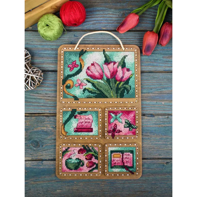 Cross-stich on wooden base "Spring collage" 26*17 cm SO-123
