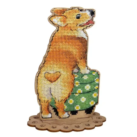 Cross-stich on wooden base "Corgi and ottoman" 16*12*7 cm SO-163