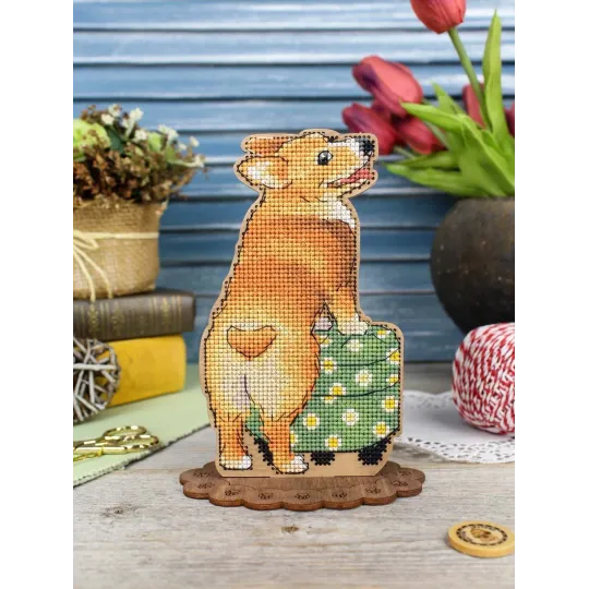 Kreuzstich auf Holzbasis "Corgi und Ottomane" 16*12*7 cm SO-163