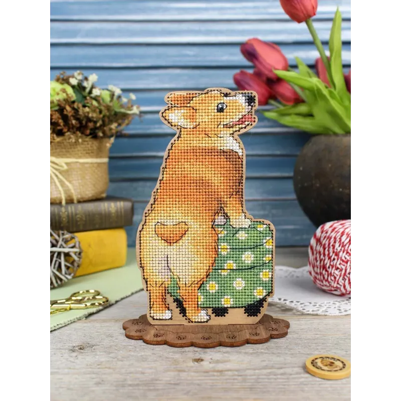 Point de croix sur base en bois "Corgi et Ottomane" 16*12*7 cm SO-163