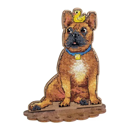 Cross-stich on wooden base "French bulldog and duck" 14*12*7 cm SO-166