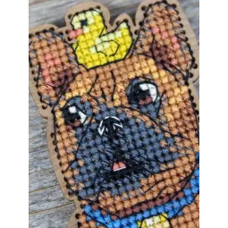 Kreuzstich auf Holzbasis "Französische Bulldogge und Ente" 14*12*7 cm SO-166