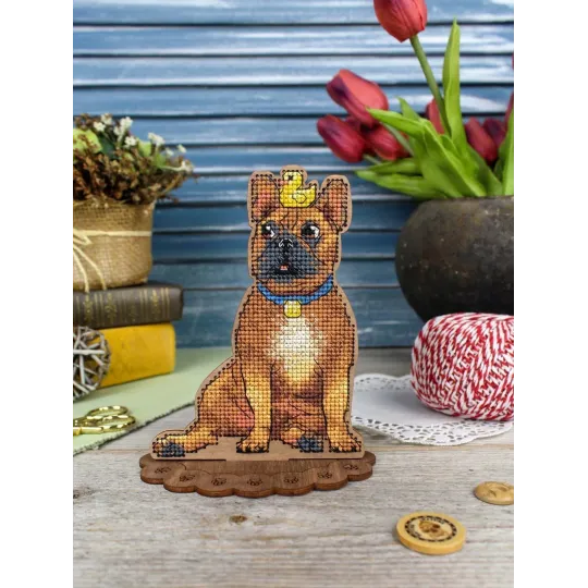 Kreuzstich auf Holzbasis "Französische Bulldogge und Ente" 14*12*7 cm SO-166