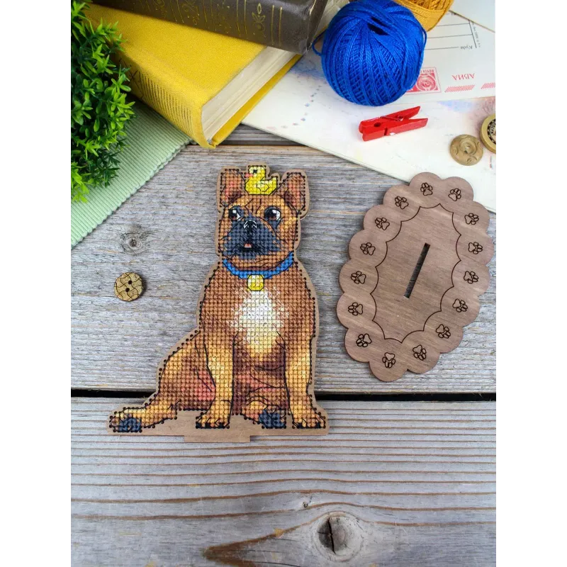 Kreuzstich auf Holzbasis "Französische Bulldogge und Ente" 14*12*7 cm SO-166