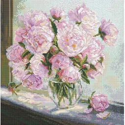 Cross stitch kit "Peonies on the window" 24.5 x 24.5 cm SANP-80