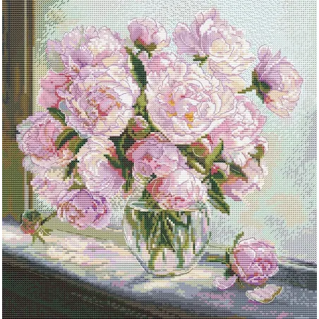 Cross stitch kit "Peonies on the window" 24.5 x 24.5 cm SANP-80