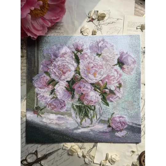 Cross stitch kit "Peonies on the window" 24.5 x 24.5 cm SANP-80