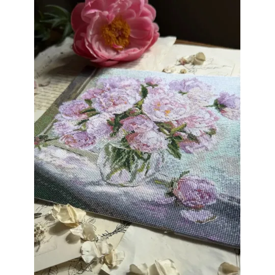 Cross stitch kit "Peonies on the window" 24.5 x 24.5 cm SANP-80