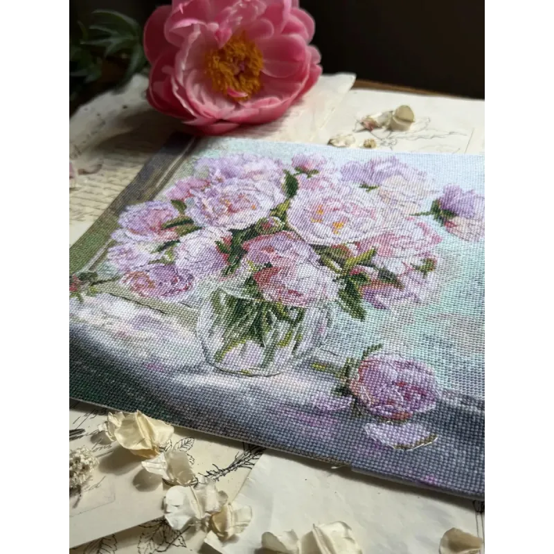 Cross stitch kit "Peonies on the window" 24.5 x 24.5 cm SANP-80
