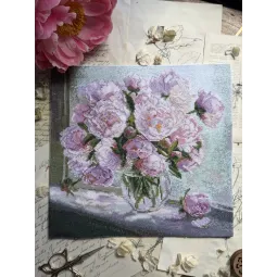 Cross stitch kit "Peonies on the window" 24.5 x 24.5 cm SANP-80