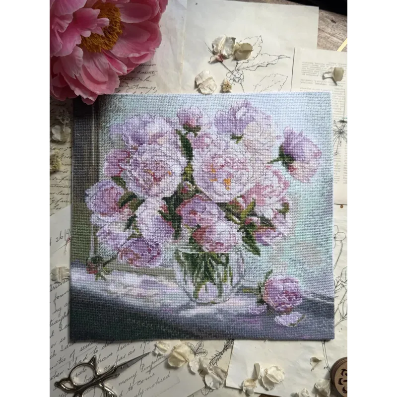 Cross stitch kit "Peonies on the window" 24.5 x 24.5 cm SANP-80