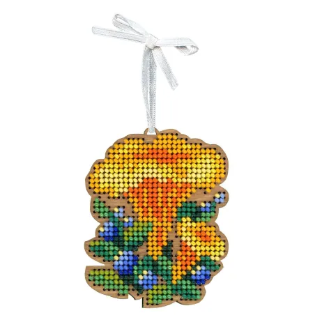 Kreuzstich auf Holzbasis "Weihnachtsbaumschmuck. Pilz Pfifferling" 8*6 cm SO-148