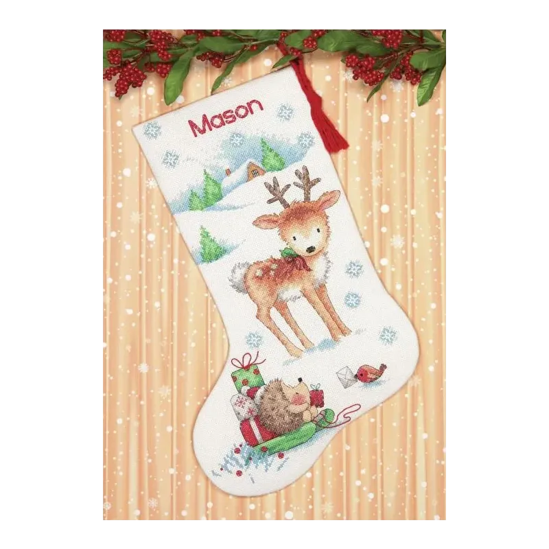 Kit de point de croix "Bas de Noël Renne et Hérisson" 40 cm D70-08978