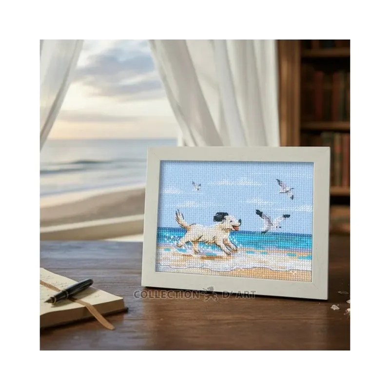 Kreuzstich-Set "Hund läuft am Strand" 13x8,5 cm RTOM1108