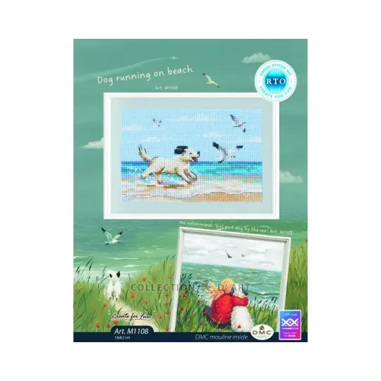 Kits de point de croix "Chien courant sur la plage" 13x8,5 cm RTOM1108
