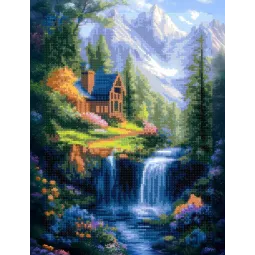 Diamond Painting Set mit Unterrahmen "Haus am Wasserfall" 30x40 cm VA895