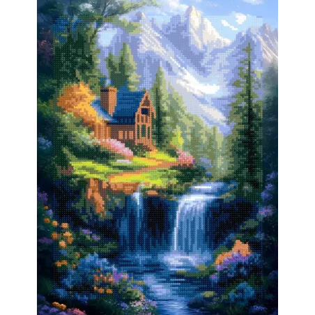 Kit peinture diamant sur châssis "Maison au bord de la cascade" 30x40 cm VA895