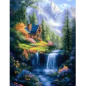Diamond Painting Set mit Unterrahmen "Haus am Wasserfall" 30x40 cm VA895