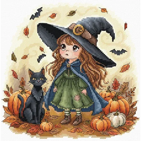 Kit point de croix "Petite Sorcière d'Automne" 17,78 x 17,62 cm AVA-P131