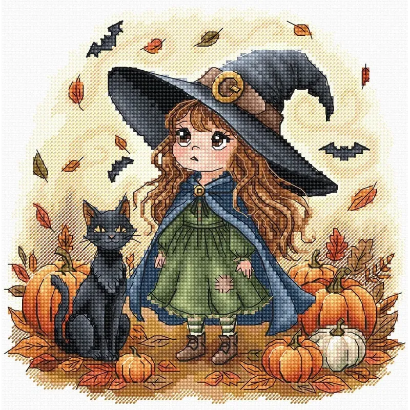 Kit point de croix "Petite Sorcière d'Automne" 17,78 x 17,62 cm AVA-P131