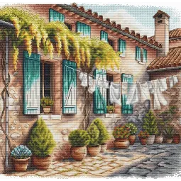 Kit de point de croix "Le Patio avec pots de fleurs" 28,57 × 27,94 cm AVA-P054