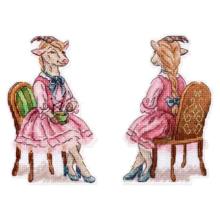 Kit de point de croix "Une petite chèvre à l'heure du thé" 13 x 8 cm SR-1371