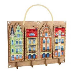 Cross-stich on wooden base "Key holder. Little houses" 16*22 cm SO-165