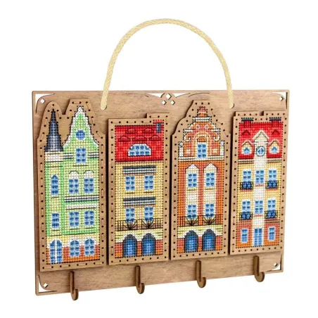 Cross-stich on wooden base "Key holder. Little houses" 16*22 cm SO-165