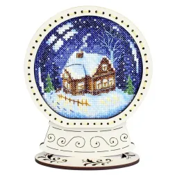 Point de croix sur base en bois "Globe de neige. Maison de campagne" 14*11*5 cm SO-167