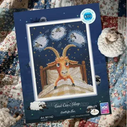 Siuvinėjimo kryželiu rinkinys "Ožka negali užmigti" 15,5*20 cm RTOM1142