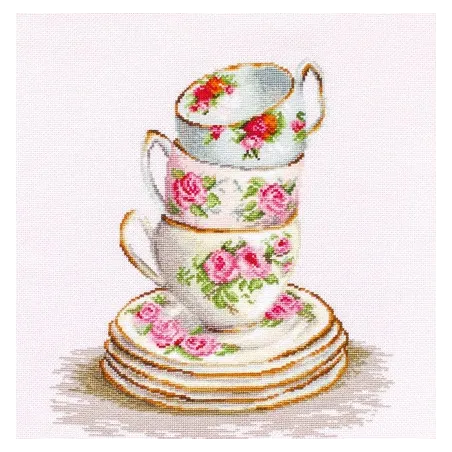 (Discontinued) Kit de point de croix compté 3 tasses de thé empilées 25x28.5 cm SBA2323