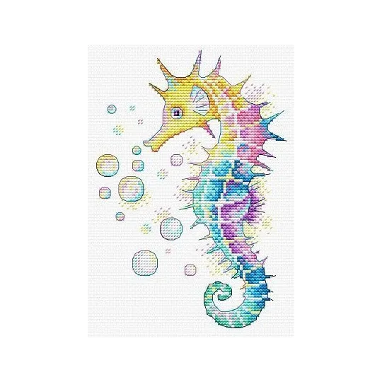 Kit de point de croix sur toile soluble à l'eau Cheval de mer arc-en-ciel SV-549
