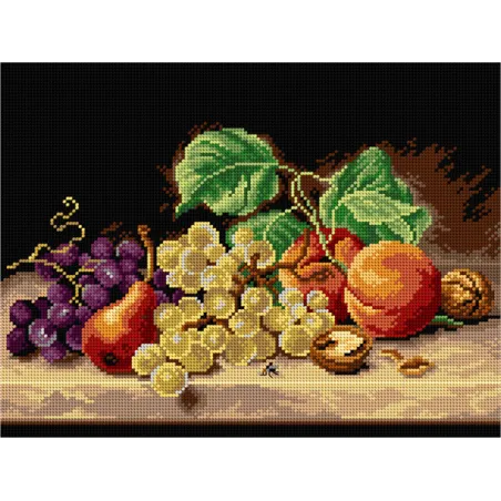 Gobeleno drobė po Emilie Preyer – Natiurmortas su vynuogėmis, persikais, kriauše ir riešutais 30 x 40 SA3446